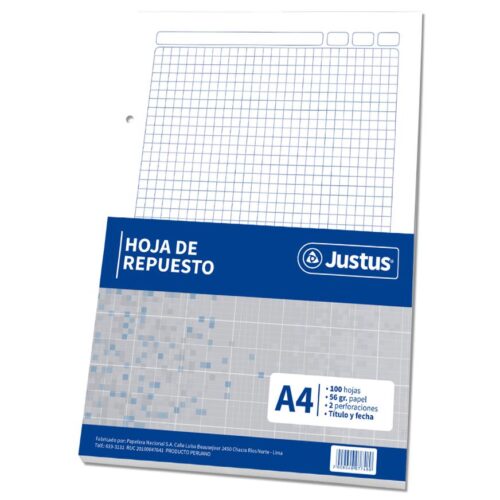 Hoja Cuadriculada Perforada De Repuesto Justus A4 X 100 Hojas