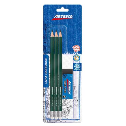 Lápiz 2B Técnico Artesco X 3 Und + Borrador Negro