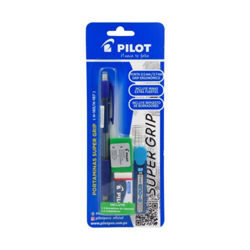 Portaminas Pilot Super Grip H-187 0.7 Mm Azul + Minas + Borrador + Repuestos