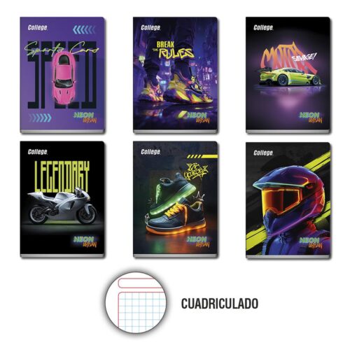 Cuaderno Deluxe 80H Cuadriculado Neon Cars College