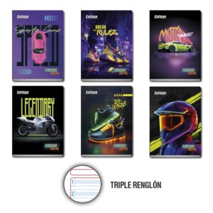 Cuaderno Deluxe 80H Triple Renglón  Con Sombra  Neon Cars College