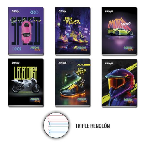 Cuaderno Deluxe 80H Triple Renglón  Con Sombra  Neon Cars College