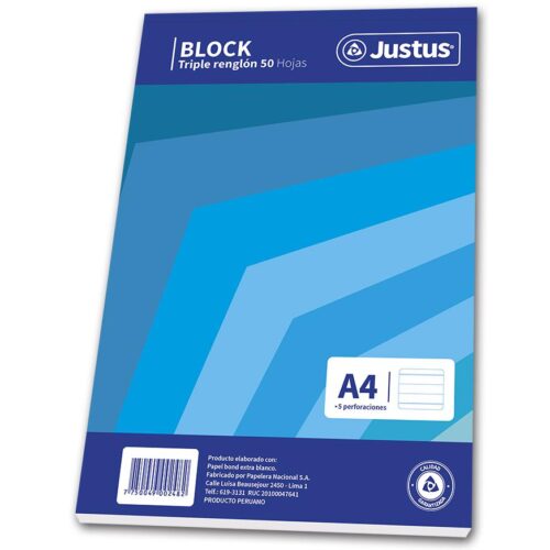 Block Triple Renglón Justus A4 5 Perforaciones 50 Hojas