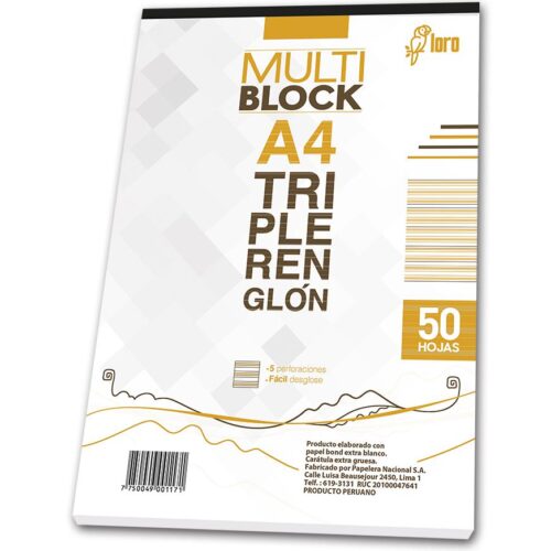 Block Triple Renglón Loro A4 50 Hojas Block Triple Renglón Loro A4 50 Hojas