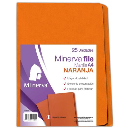 File Manila Minerva A4 Naranja Paquete X 25 Und