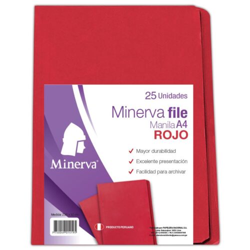 File Manila Minerva A4 Rojo Paquete X 25 Und