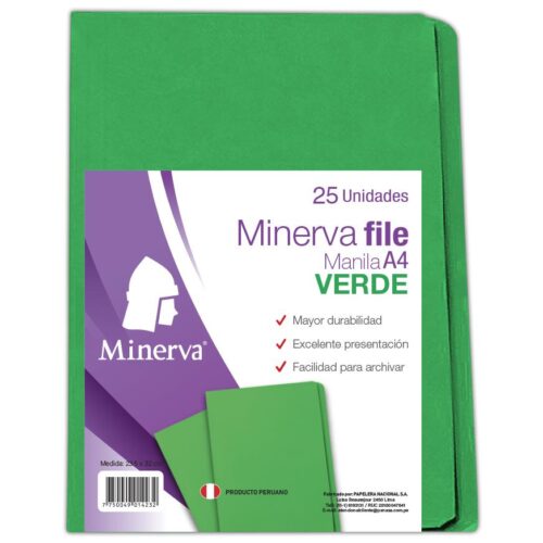 File Manila Minerva A4 Verde Paquete X 25 Und