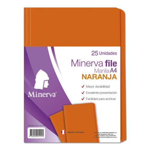 File Manila Minerva A4 Naranja Paquete X 25 Und
