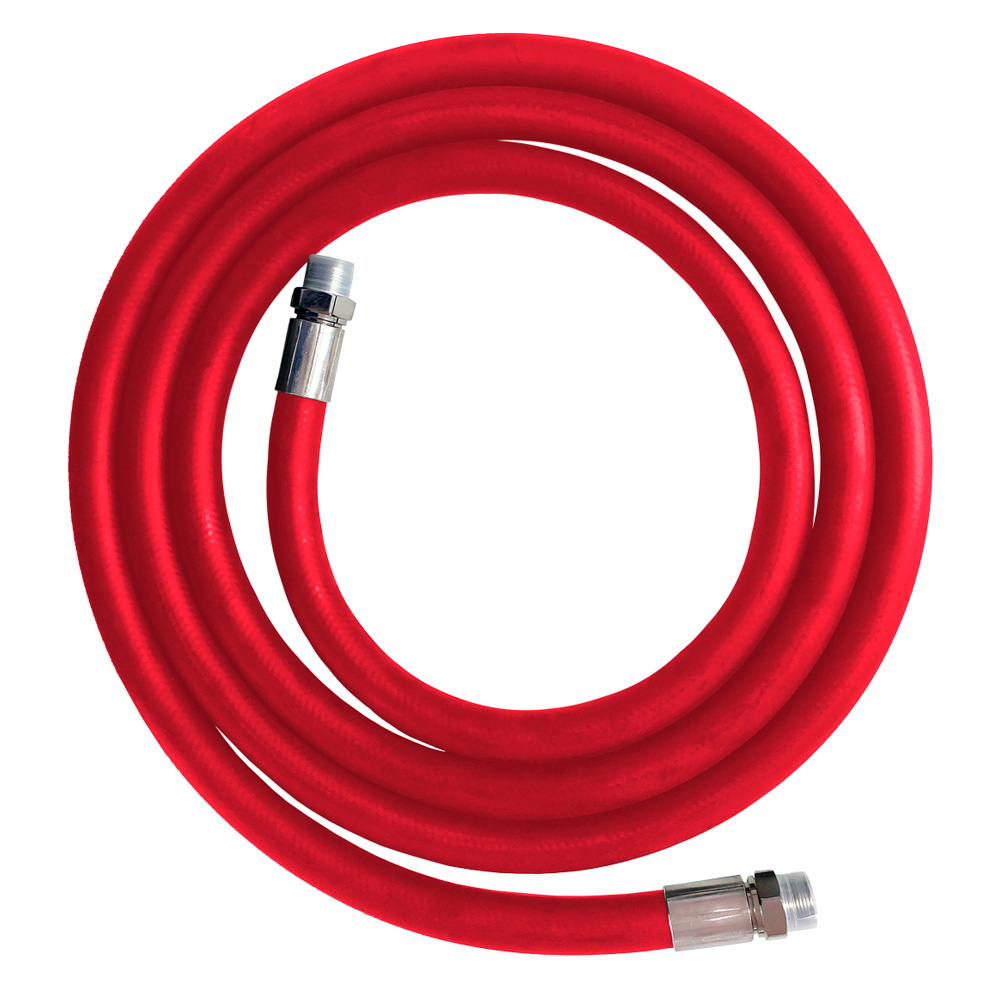 MANGUERA COMBUSTIBLE LÍQUIDO ROJA DE 3/4 PULGADAS POR 4 METROS DE LARGO CON COPLE MACHO FIJO